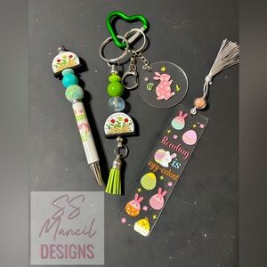 Easter Bunny Bookmark & Beaded Pen and Keychain Set - Pastel Pink, Green, Yellow